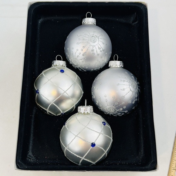 Celebrations by Radko Ball Christmas Ornament Set of 4 Silver Glitter Rhinestone - Picture 2 of 7